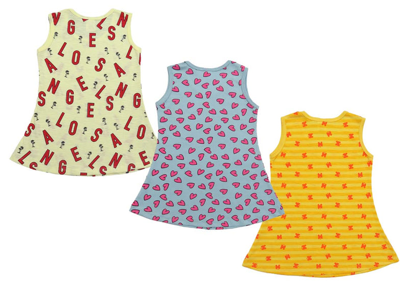 Clothe Funn Baby Girls Sleeveless Printed Frock Combo:-2 Lemon/Sky Blue/Gold(Pack Of 3)