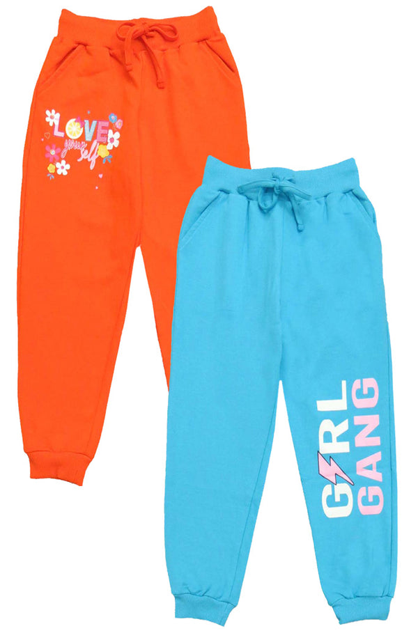 Clothe Funn Girls Track Pant Loop Knit Fabric, Orange & Turq (Pack of 2)