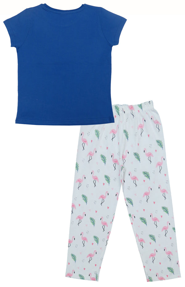 Clothe Funn Girls Printed Cotton Half Sleeves T-Shirt & Full Pant Nightwear Set, Royal Blue & White