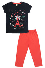 Clothe Funn Girls Cotton Nightsuit Set, Coordinate Set, Navy/Coral