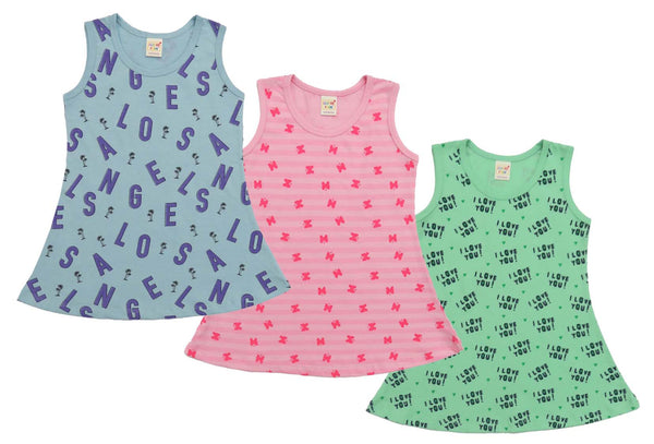 Clothe Funn Baby Girls Sleeveless Printed Frock Combo:-1 Mint/Sky Blue/Pink (Pack Of 3)