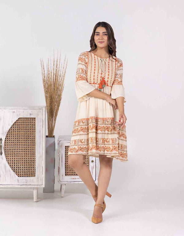 Flared  Embroidered Beige Dress