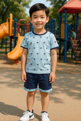 Clothe Funn Boys Half Sleeve Tree Print T-Shirt & Shorts Set, Sky Blue/Navy