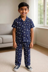 Clothe Funn Boys Cotton Printed Night Suit, Medieval Blue
