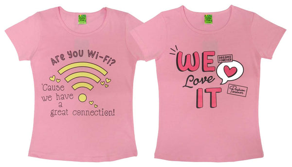 Girls Chest Printed T-Shirts,Pink, Combo:-4 (Pack of 2)