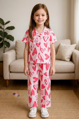Clothe Funn Girls Cotton Heart Printed Night Suit, Light Pink