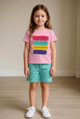 Clothe Funn Girls Fine Print Half Sleeve T-Shirt & Shorts Set, Pink/Mint