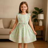 Clothe Funn Girls Cotton Floral Printed Knee-Length Dress with Bow, Green