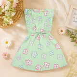 Clothe Funn Girls Cotton Floral Printed Knee-Length Dress with Bow, Green
