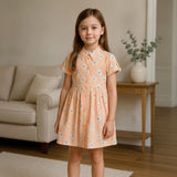 Clothe Funn Girls Cotton Floral Printed Knee-Length Dress, Orange