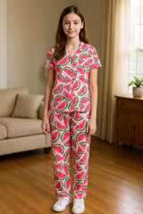 Clothe Funn Girls Cotton Watermelon Printed Night Suit, Fuschia