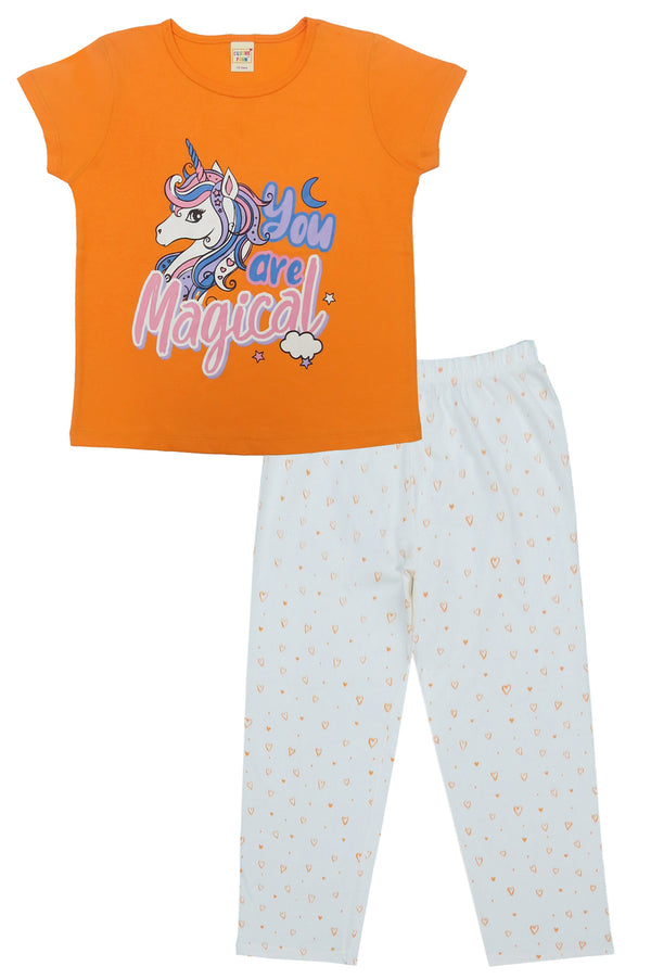 Clothe Funn Girls Printed Cotton Half Sleeves T-Shirt & Full Pant Nightwear Set, Orange & Off White