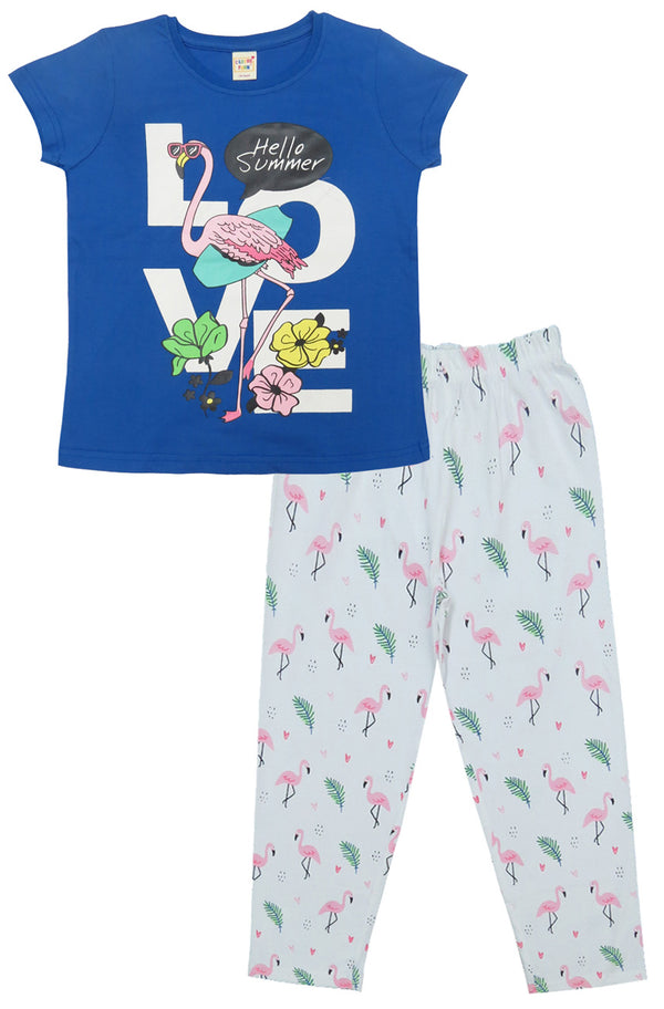 Clothe Funn Girls Printed Cotton Half Sleeves T-Shirt & Full Pant Nightwear Set, Royal Blue & White