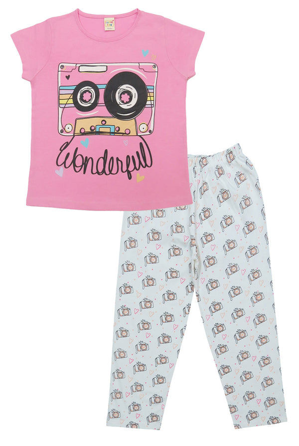 Clothe Funn Girls Printed Cotton Half Sleeves T-Shirt & Full Pant Nightwear Set, Pink & Off White