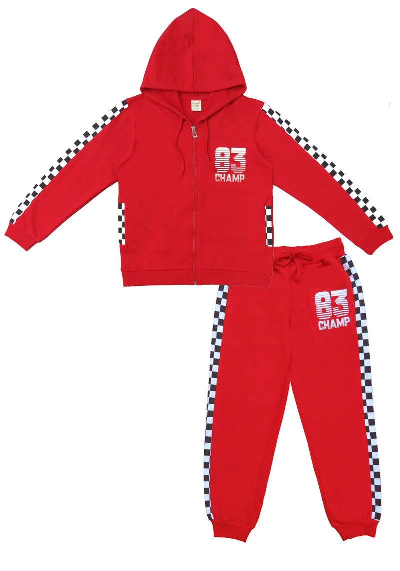 Clothe Funn Boys Tracksuit, Hood Jacket With Track Pant, Red Checks