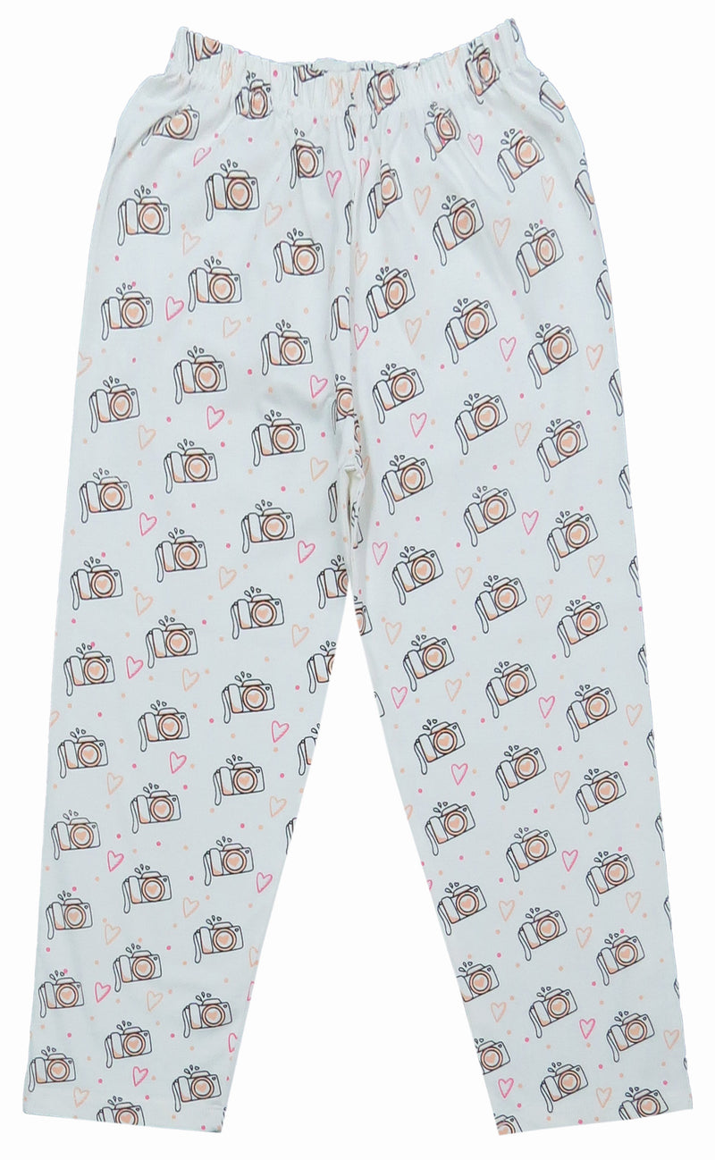 Clothe Funn Girls Printed Cotton Half Sleeves T-Shirt & Full Pant Nightwear Set, Pink & Off White