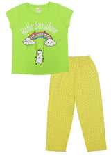 Clothe Funn Girls Printed Cotton Half Sleeves T-Shirt & Full Pant Nightwear Set, Neon Green & Yellow