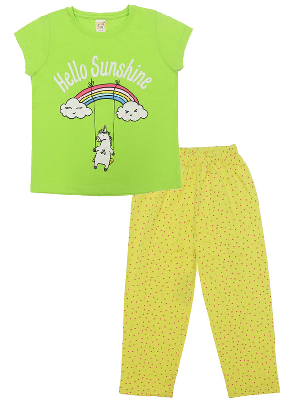 Clothe Funn Girls Printed Cotton Half Sleeves T-Shirt & Full Pant Nightwear Set, Neon Green & Yellow