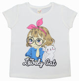 Clothe Funn Girls Printed Cotton Half Sleeves T-Shirt & Full Pant Nightwear Set, Off White & Pink