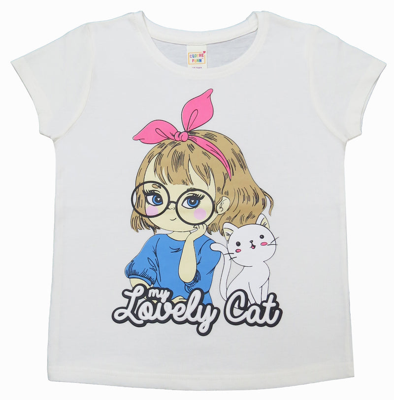 Clothe Funn Girls Printed Cotton Half Sleeves T-Shirt & Full Pant Nightwear Set, Off White & Pink