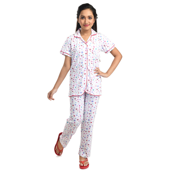 Clothe Funn Girls Night Suit, White AOP