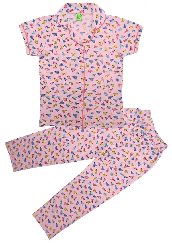 Clothe Funn Girls Night Suit, Pink Plane AOP