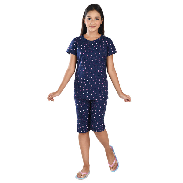 Clothe Funn Girls Coordinate Set,Girls Nightwear Set, Navy Heart AOP