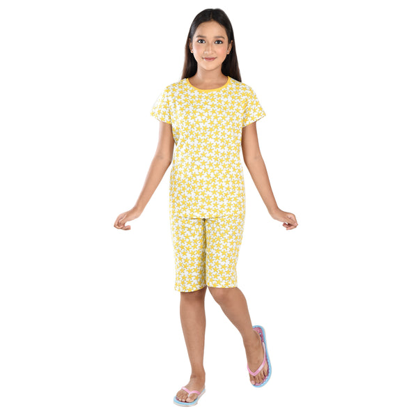 Clothe Funn Girls Coordinate Set,Girls Nightwear Set, Yellow Star AOP