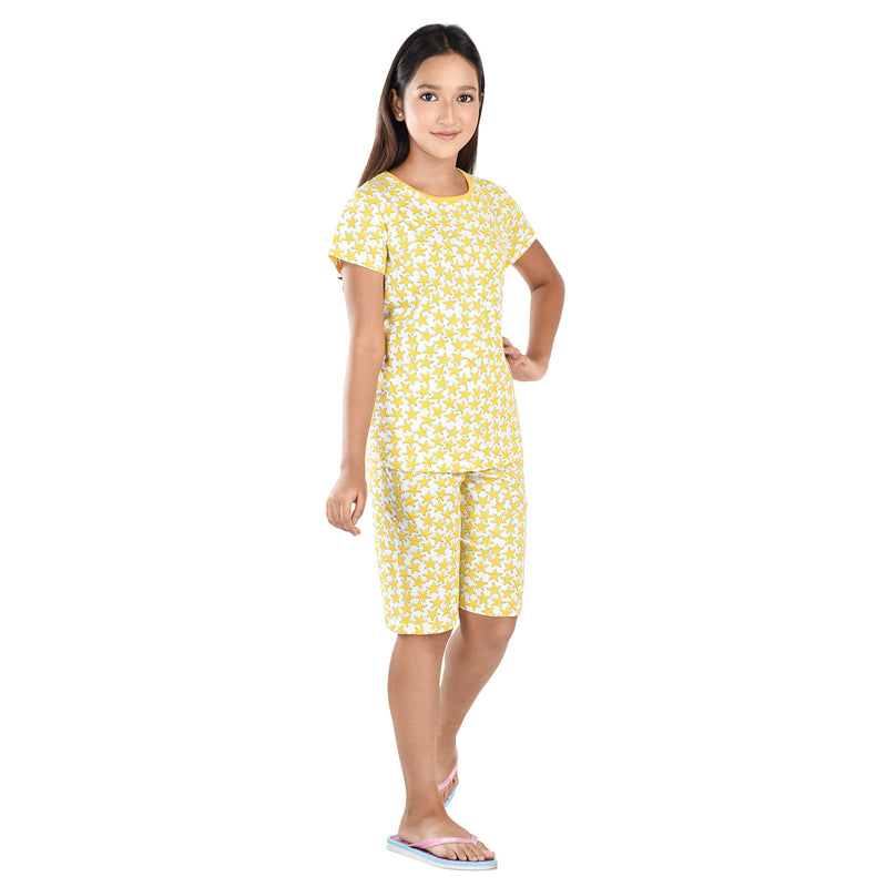 Clothe Funn Girls Coordinate Set,Girls Nightwear Set, Yellow Star AOP