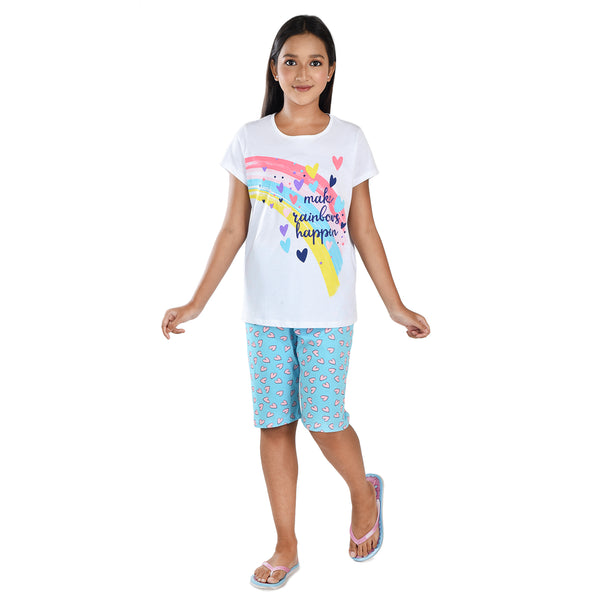 Clothe Funn Girls Coordinate Set,Girls Nightwear Set, White / T.Blue