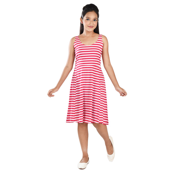 Clothe Funn Girls Sleevless Frock, Pink /Fuschia stripes