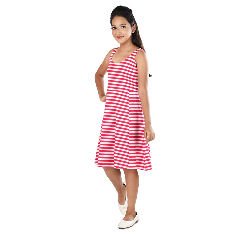 Clothe Funn Girls Sleevless Frock, Pink /Fuschia stripes