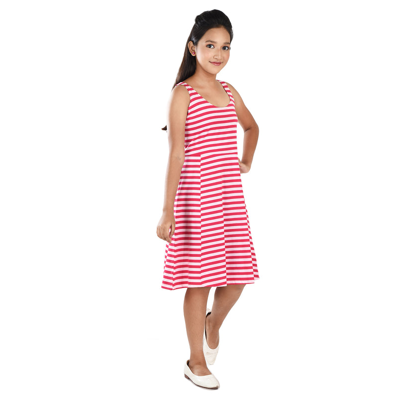 Clothe Funn Girls Sleevless Frock, Pink /Fuschia stripes