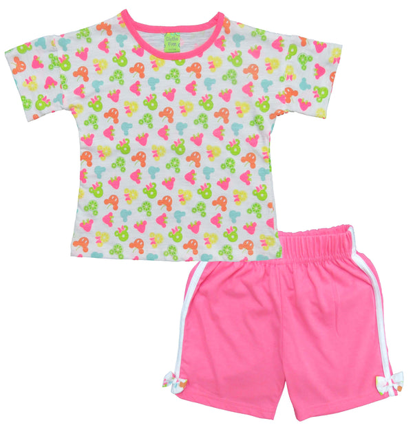 Clothe Funn Girls Coordinate Set,Girls Nightwear Set, Whie AOP,Neon Pink