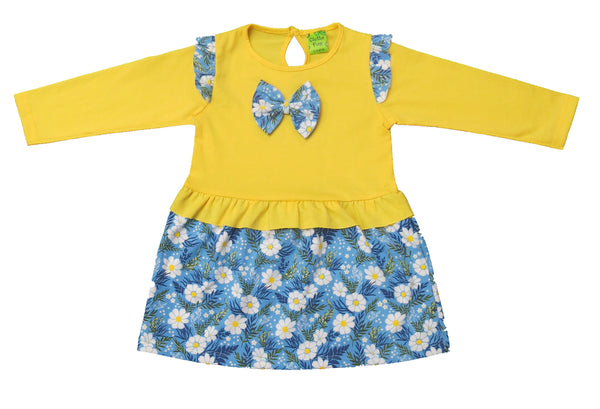 Clothe Funn New Born Baby Girls Dress, Yellow/S.Blue AOP