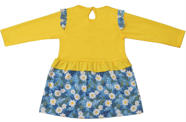 Clothe Funn New Born Baby Girls Dress, Yellow/S.Blue AOP